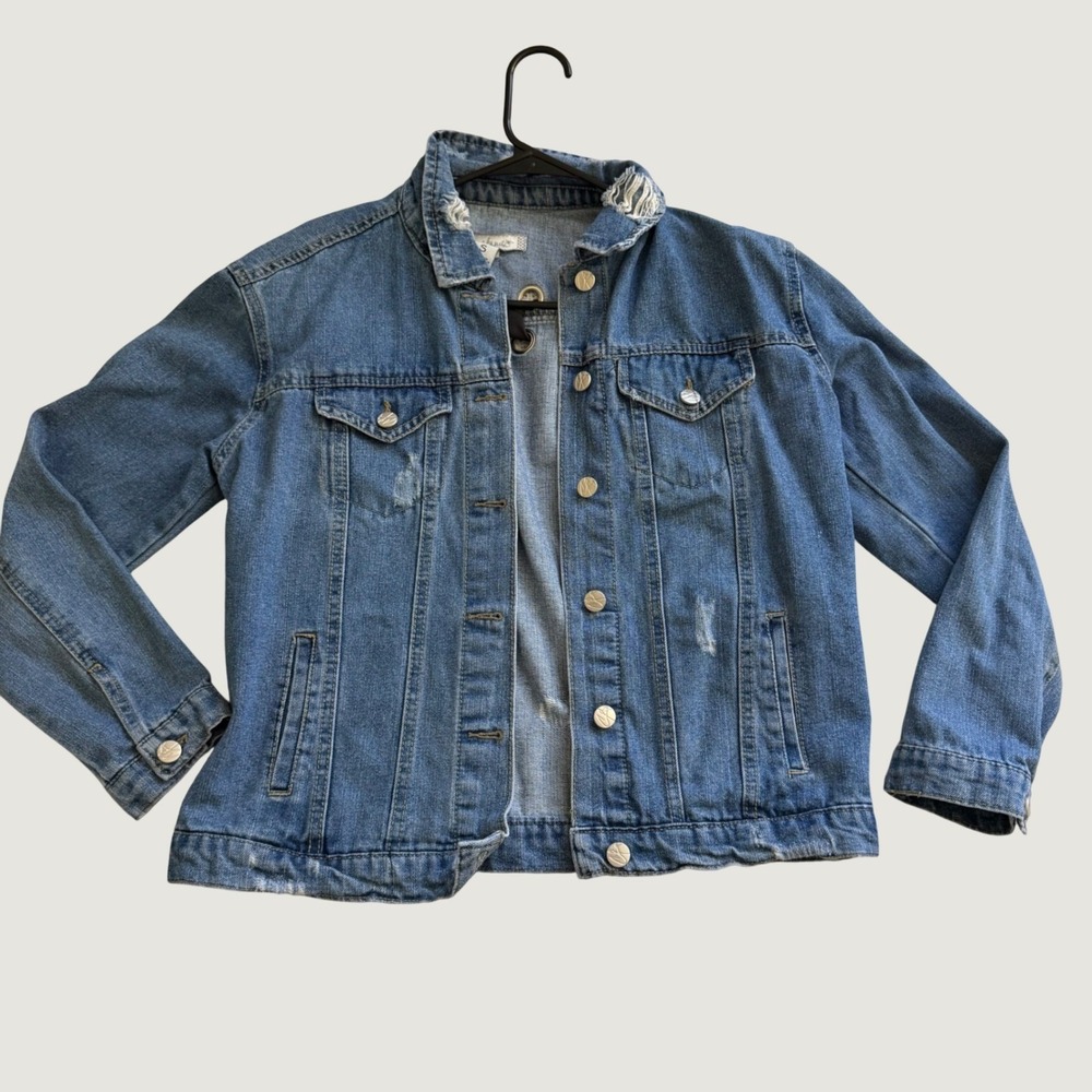 Crave Fame Denim Jacket Size S Lace Up Back Distressed Trucker Blue Cotton Blend